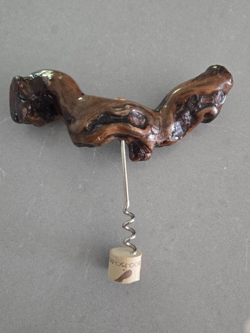 Vintage GRAPEVINE BURL WOOD WINE BOTTLE Corkscrew Opener 1970s 6 1/2" Across